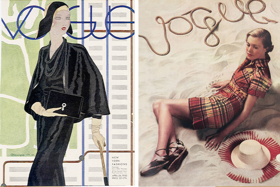 Couverture Vogue année 1930 (gauche) - Première couverture Vogue avec photo (mars 1934 - à droite)
