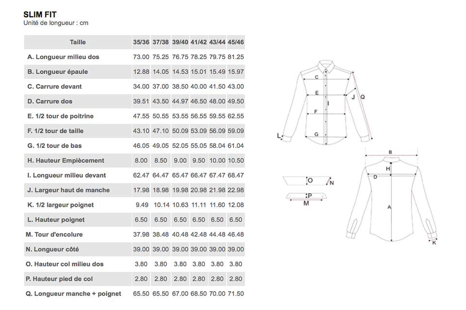 Guide Tailles Slim Fit