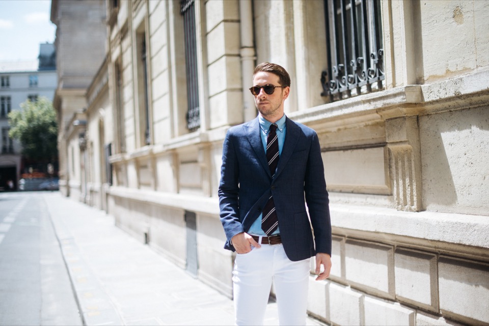 Sprezzatura Paris ceinture Hugo Boss Veste lin bleu