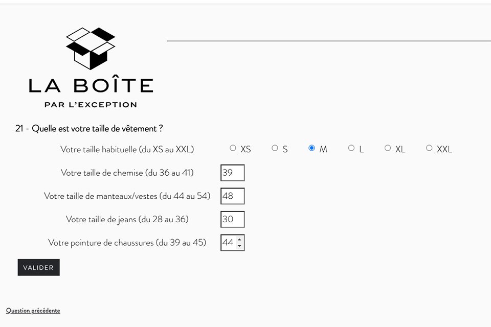 boite lexception tailles