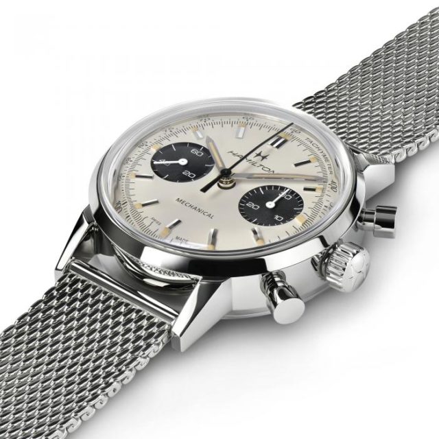 hamilton chrono h bracelet milanais fond blanc