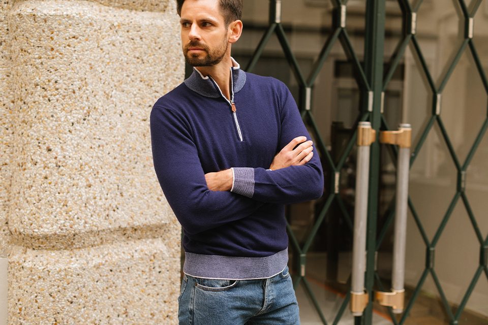 Pull homme laine col zippé Navy Kenneth