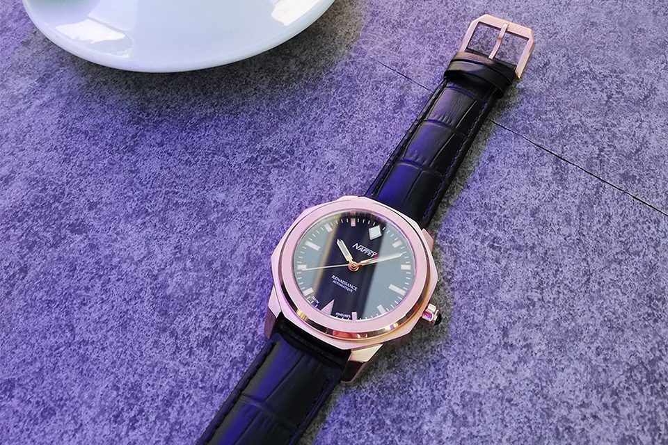 montres automatiques françaises nappey bracelet en cuir or rose