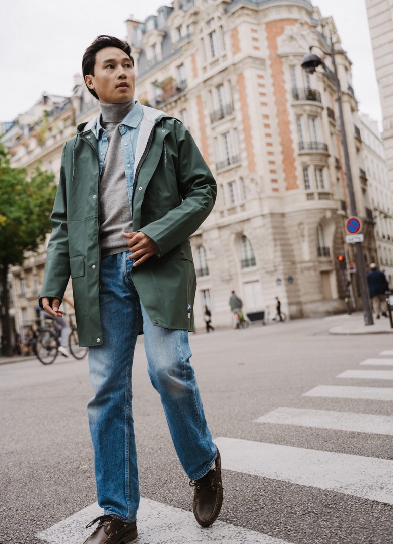 look impermeable vert et denim