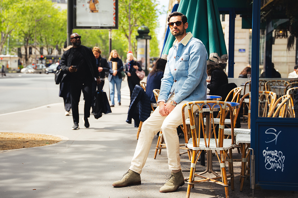 look homme printemps veste jean clair pantalon ecru