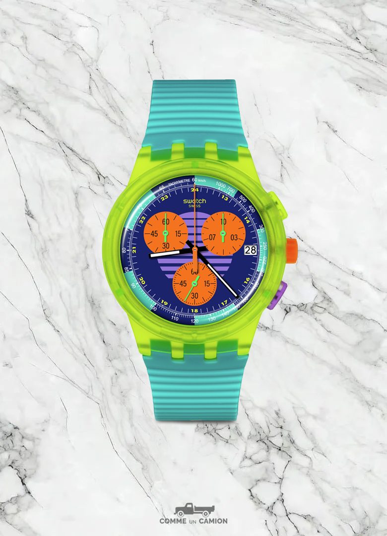 montre moins 500€ swatch neon wave
