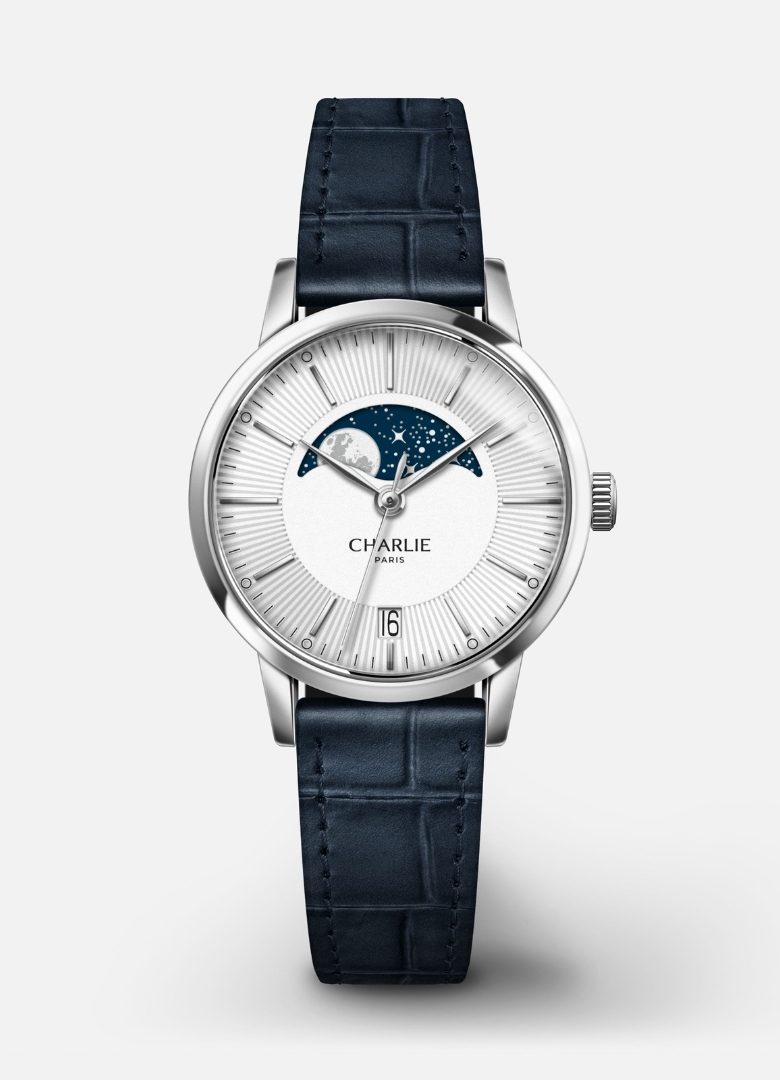 Charlie Paris_Sully_Quartz_Phase de lune_Acier_Bracelet cuir bleu