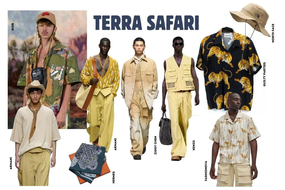 tendance mode masculine printemps ete 2025 terra safari moodboard
