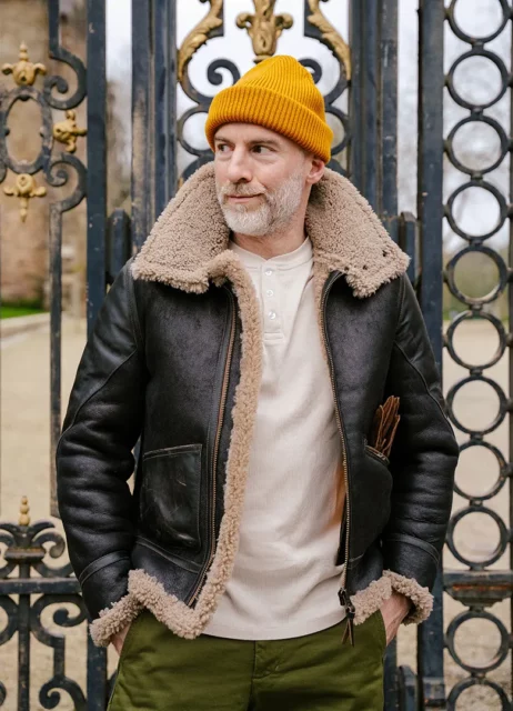 tenue casual hiver veste cuir bombardier