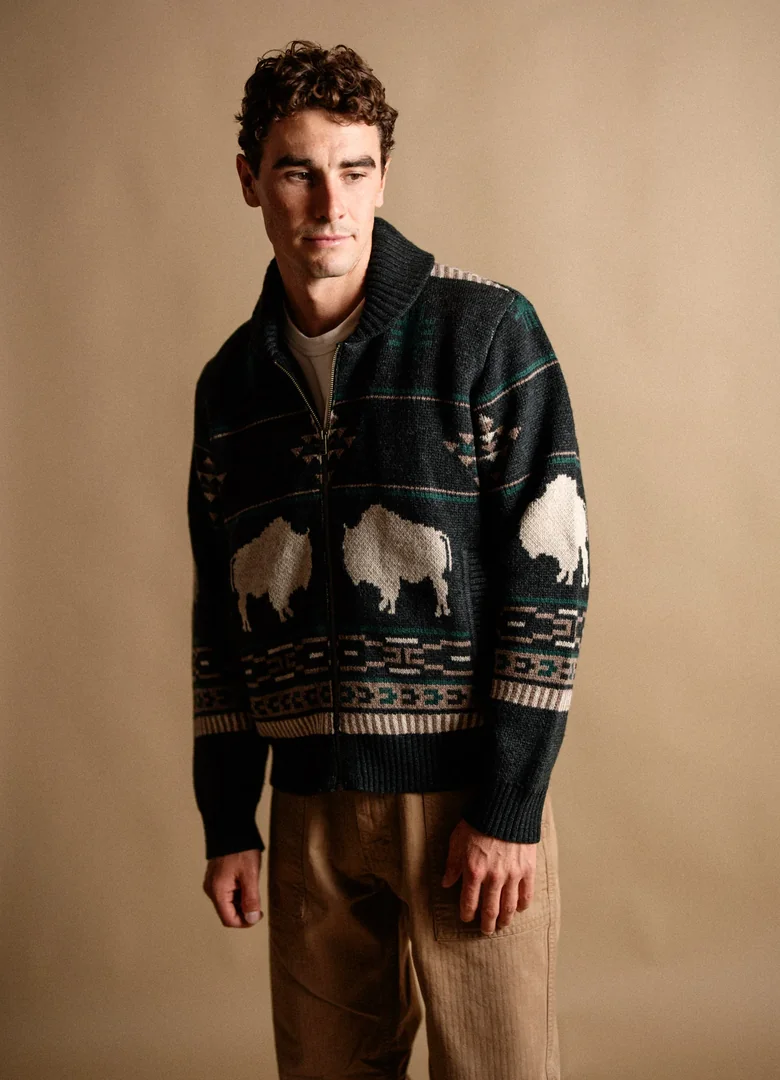 Gilet zippé homme Iron & Resin Great Plains en laine à col châle et motif bisons, doublé sherpa