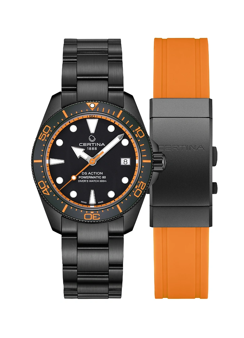 Certina DS Action Diver 38mm orange avec son bracelet acier DLC noir et son bracelet silicone orange