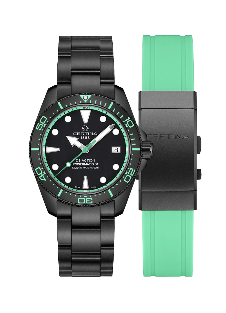 Certina DS Action Diver 38mm vert canard livrée avec son bracelet acier DLC noir et son bracelet silicone