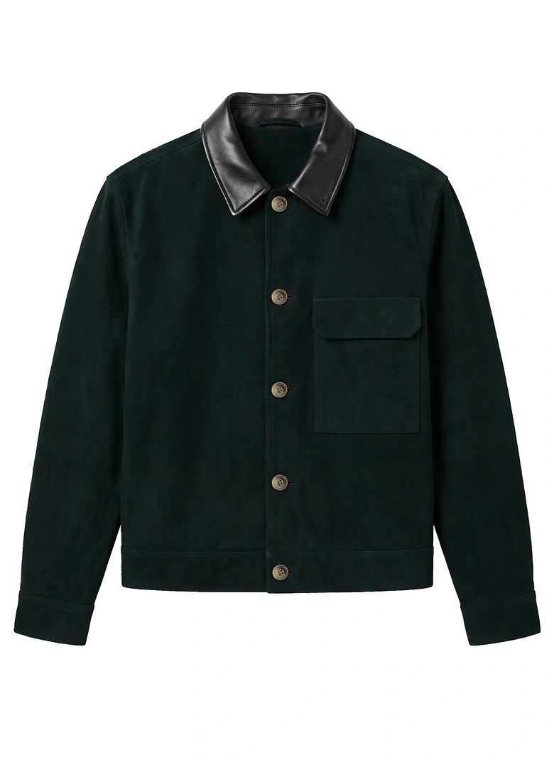 Le blouson Hast x Le Tanneur en moleskine de coton verte, col en cuir noir