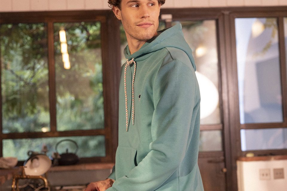 Sweat capuche vert bleu coton bio